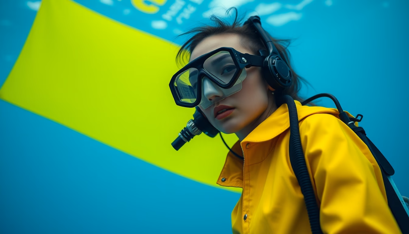 scuba tank yellow stand in editorial style