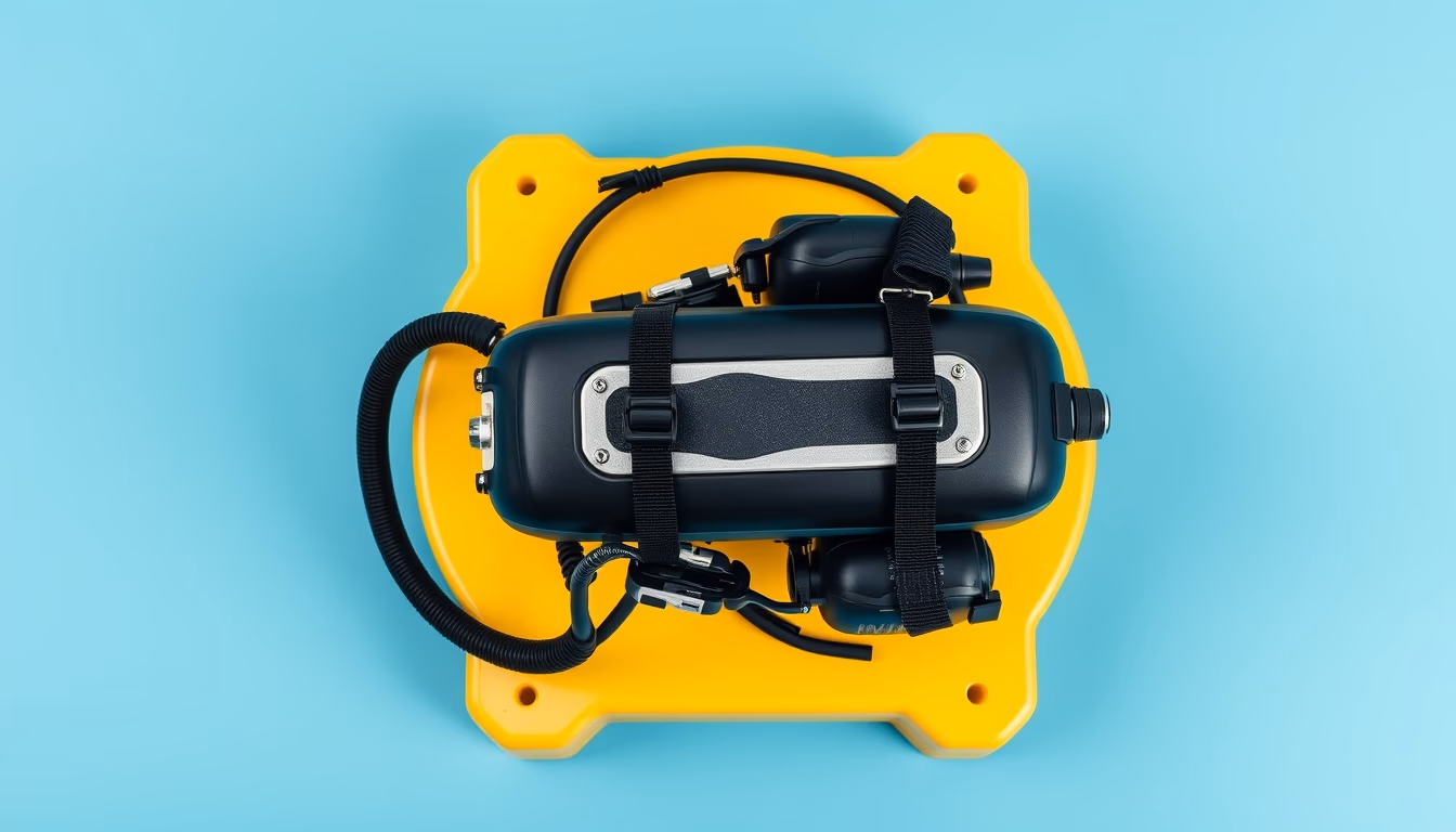 scuba tank yellow stand in editorial style