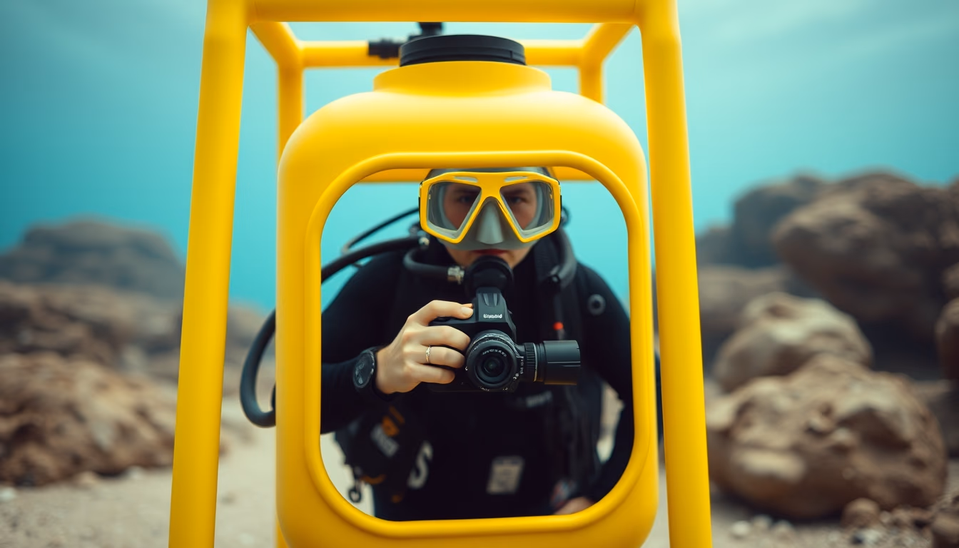 scuba tank yellow stand in editorial style