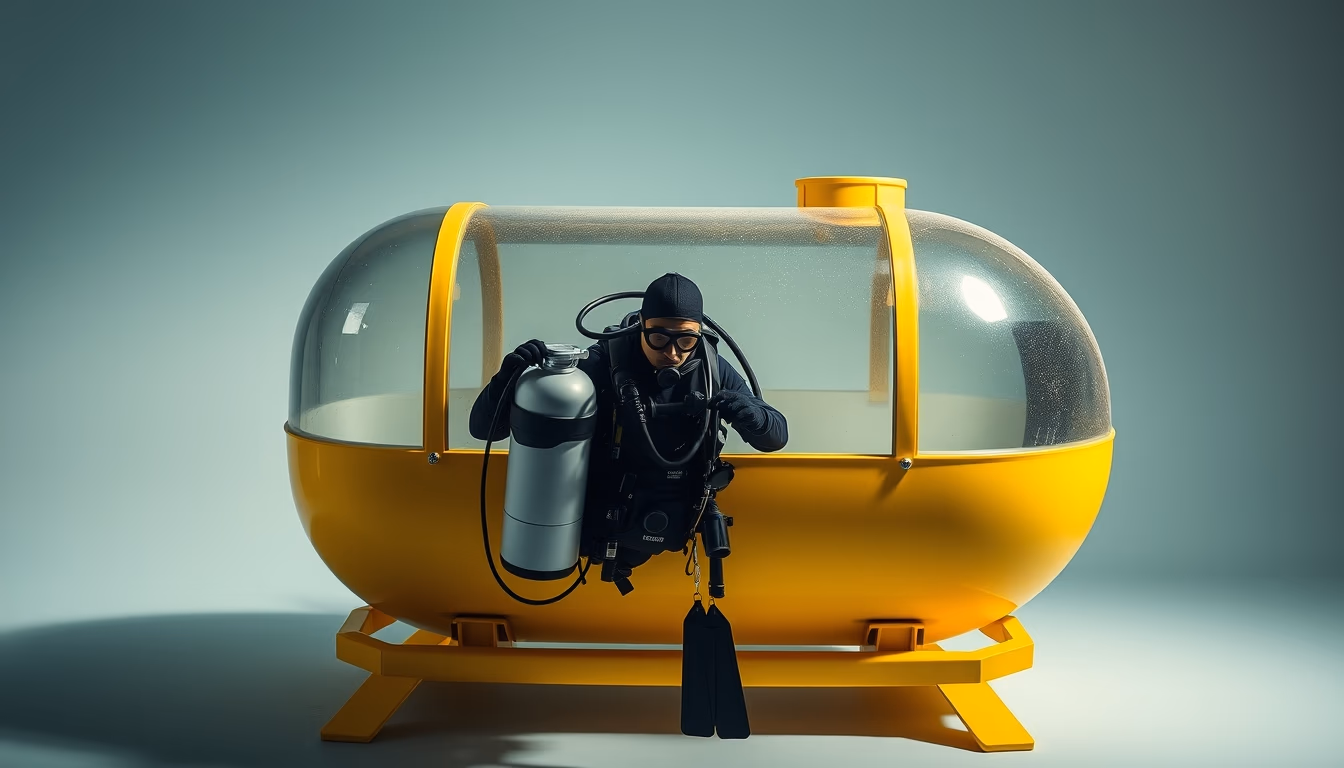 scuba tank yellow stand in editorial style
