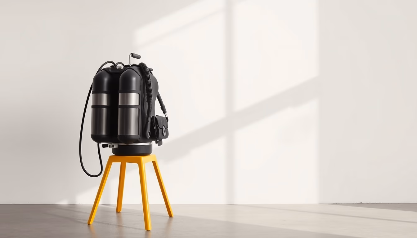 scuba tank yellow stand in editorial style