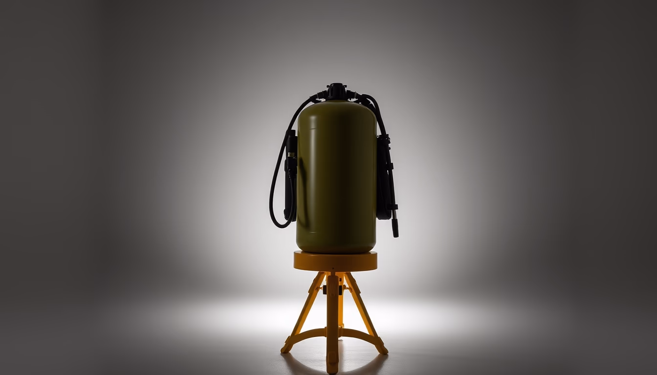 scuba tank yellow stand in editorial style