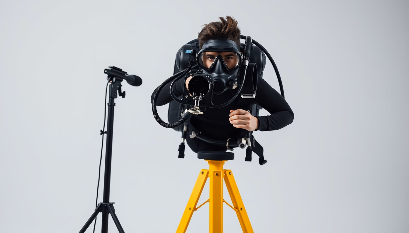 scuba tank yellow stand in editorial style