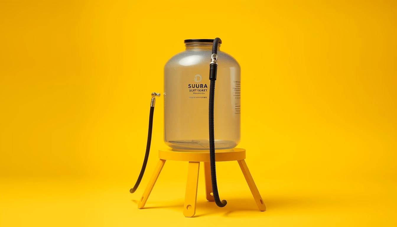 scuba tank yellow stand in editorial style