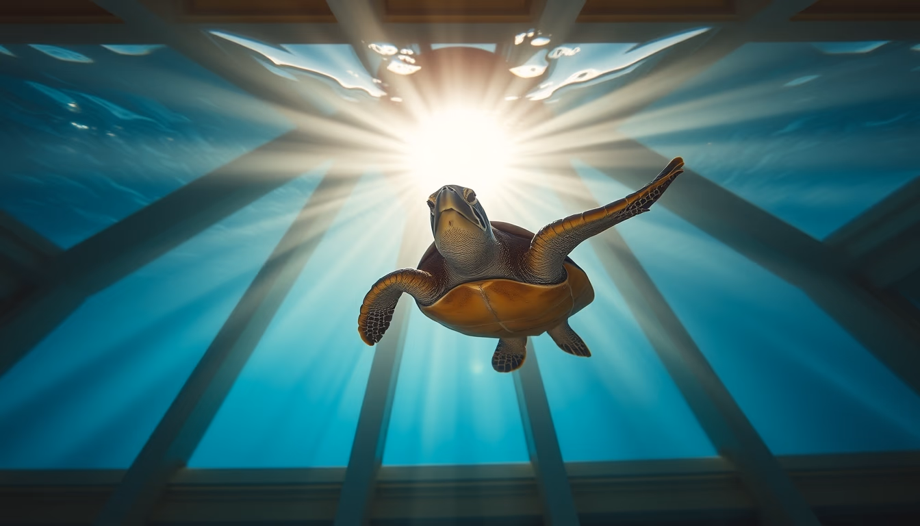 sea turtle swimming sun rays in editorial style