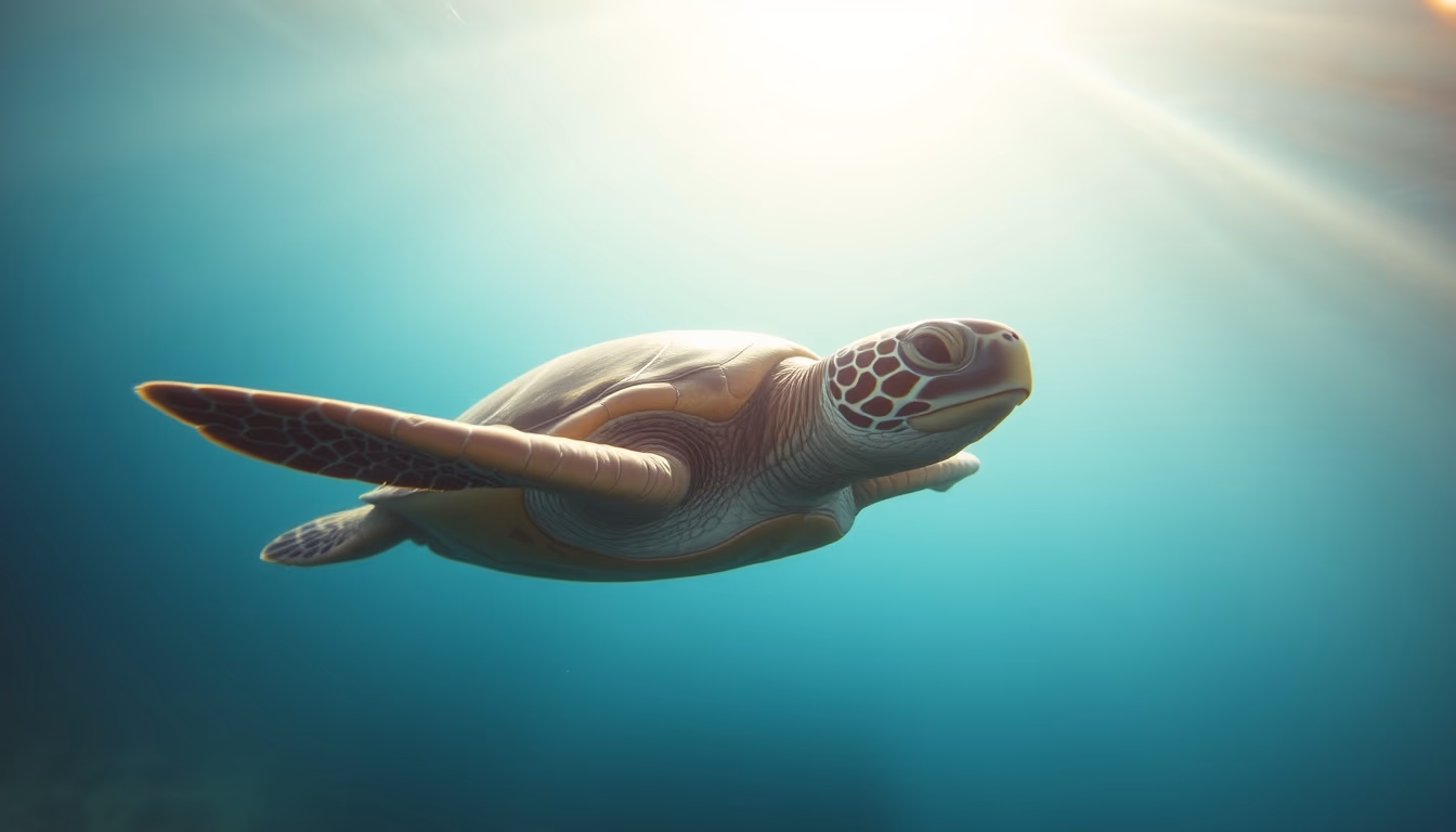 sea turtle swimming sun rays in editorial style