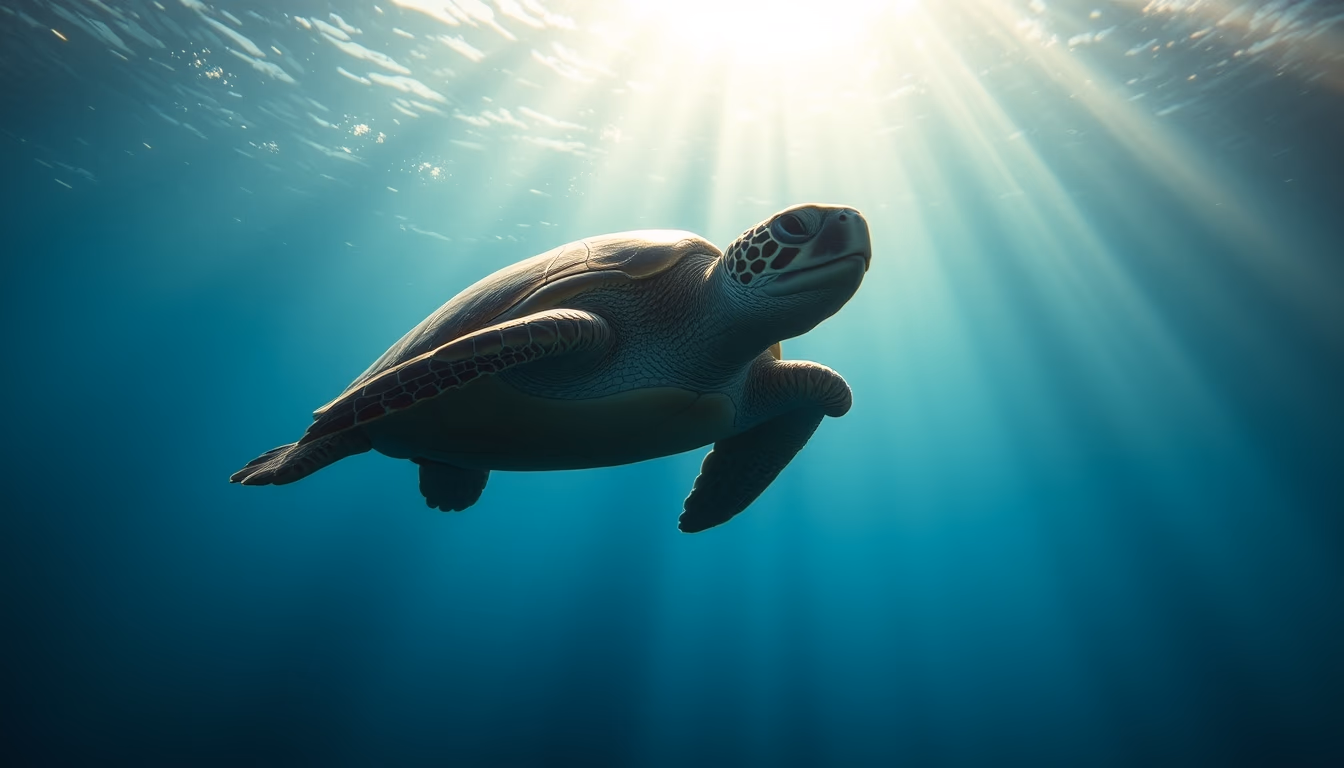 sea turtle swimming sun rays in editorial style