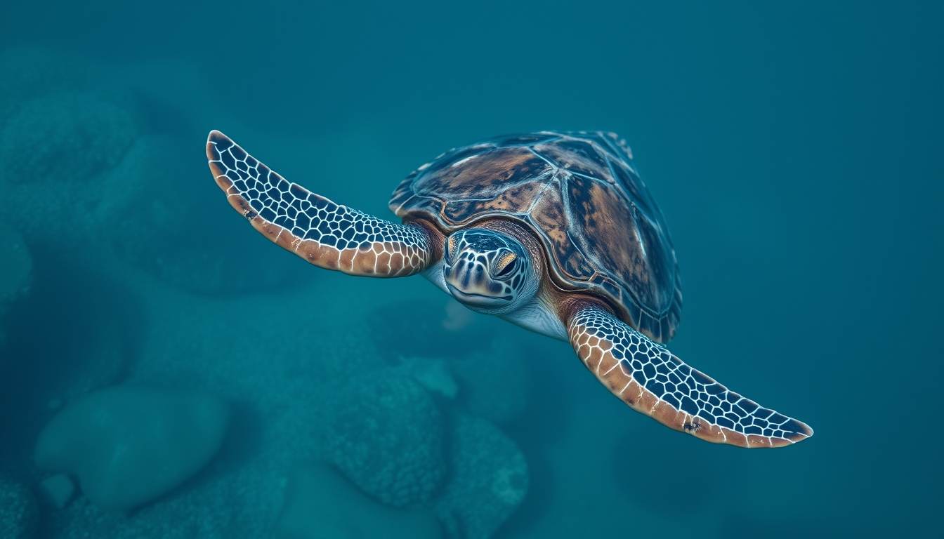 sea turtle underwater in editorial style