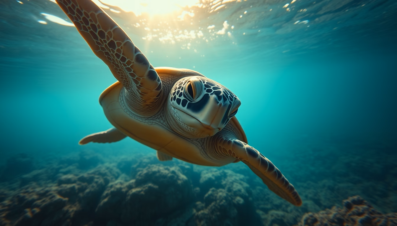sea turtle underwater in editorial style