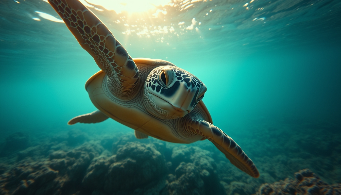 sea turtle underwater in editorial style
