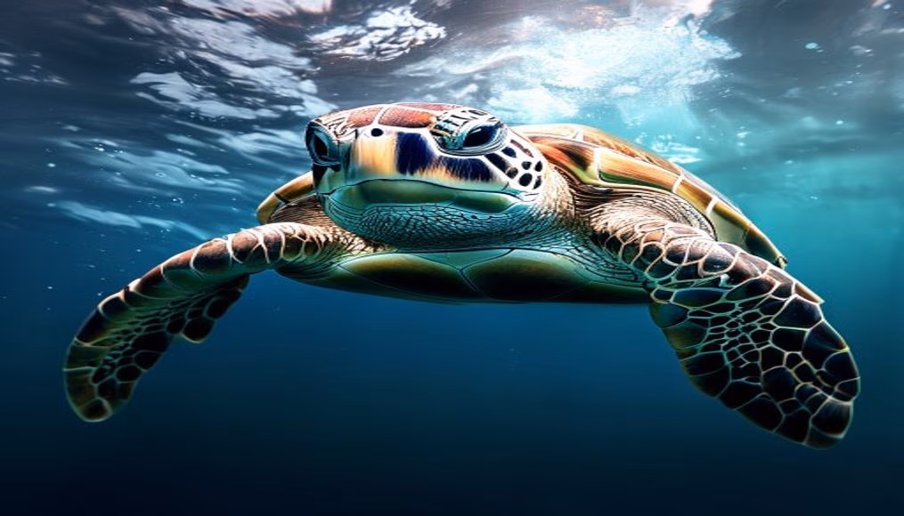 sea turtle underwater in editorial style