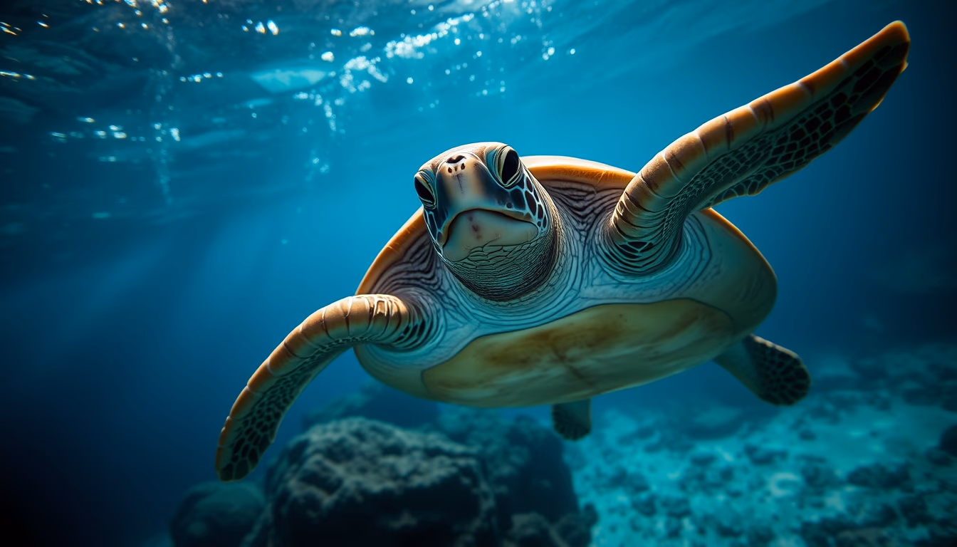 sea turtle underwater in editorial style