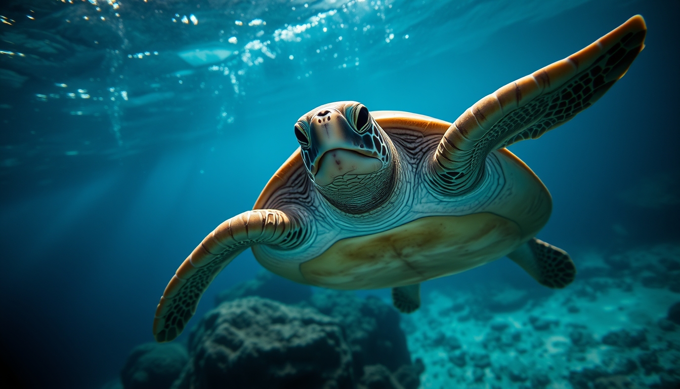 sea turtle underwater in editorial style
