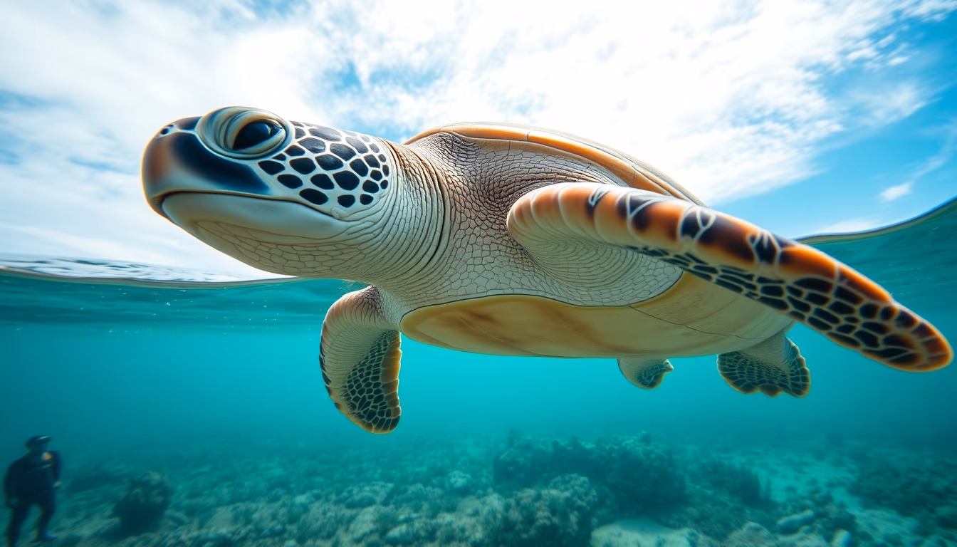 sea turtle underwater in editorial style