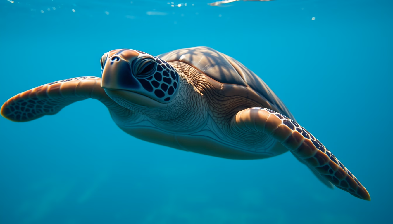 sea turtle underwater in editorial style