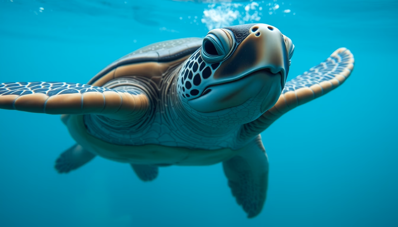 sea turtle underwater in editorial style