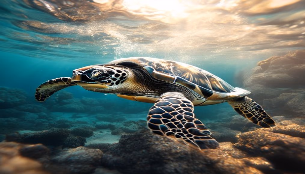 sea turtle underwater in editorial style
