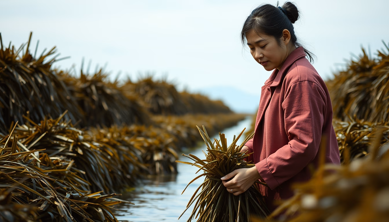 seaweed farm asian in editorial style