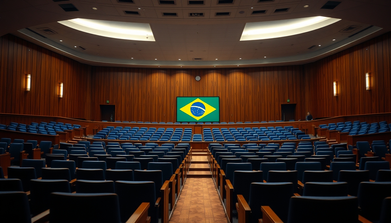 Senate plenary chamber with empty blue chairs and Brazilian flag projected in editorial style