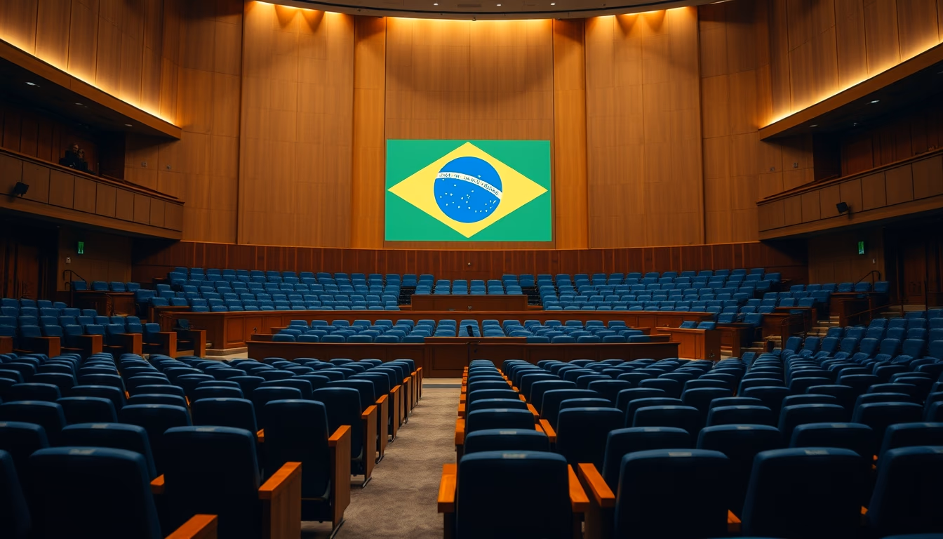 Senate plenary chamber with empty blue chairs and Brazilian flag projected in editorial style