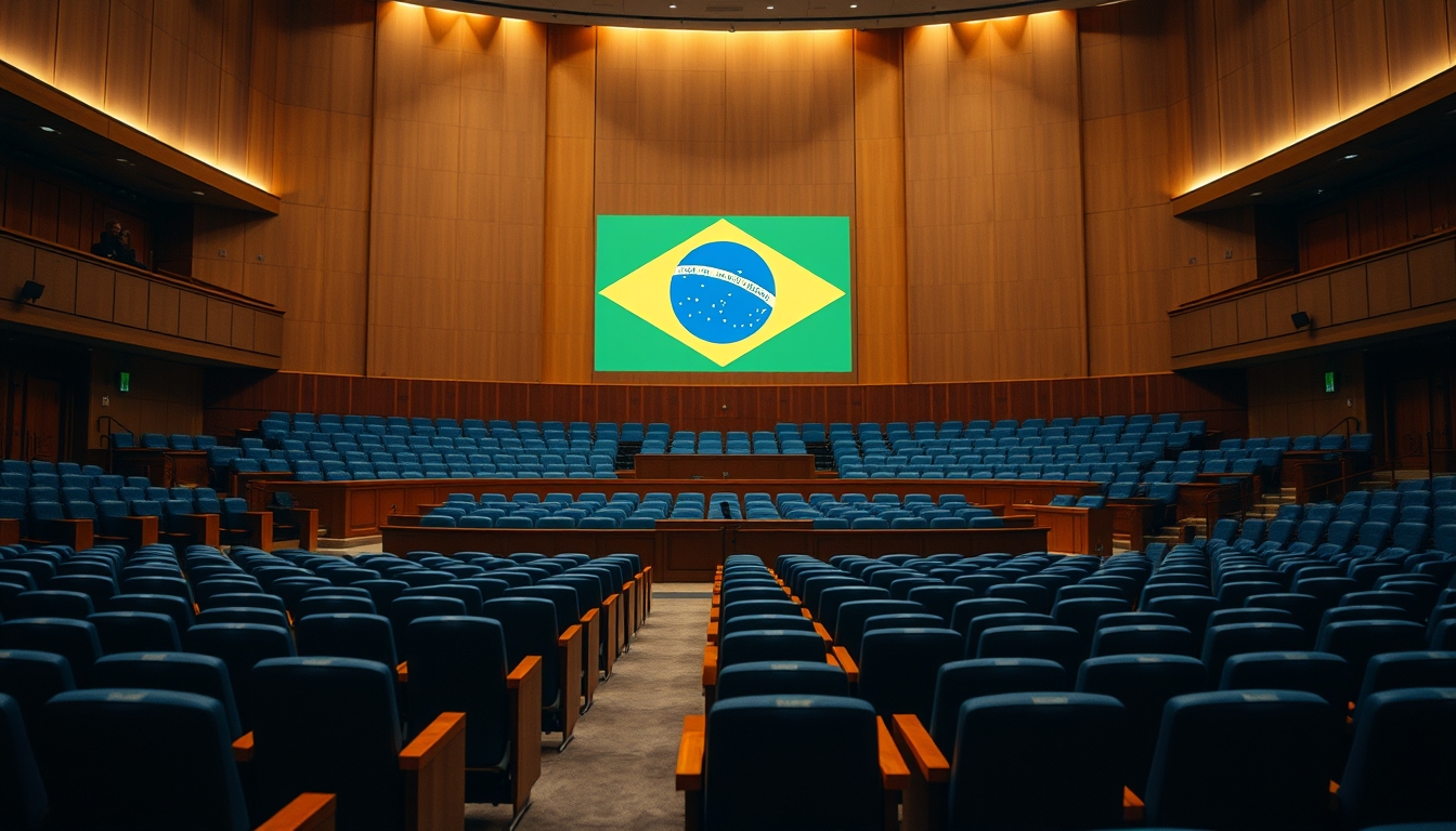 Senate plenary chamber with empty blue chairs and Brazilian flag projected in editorial style