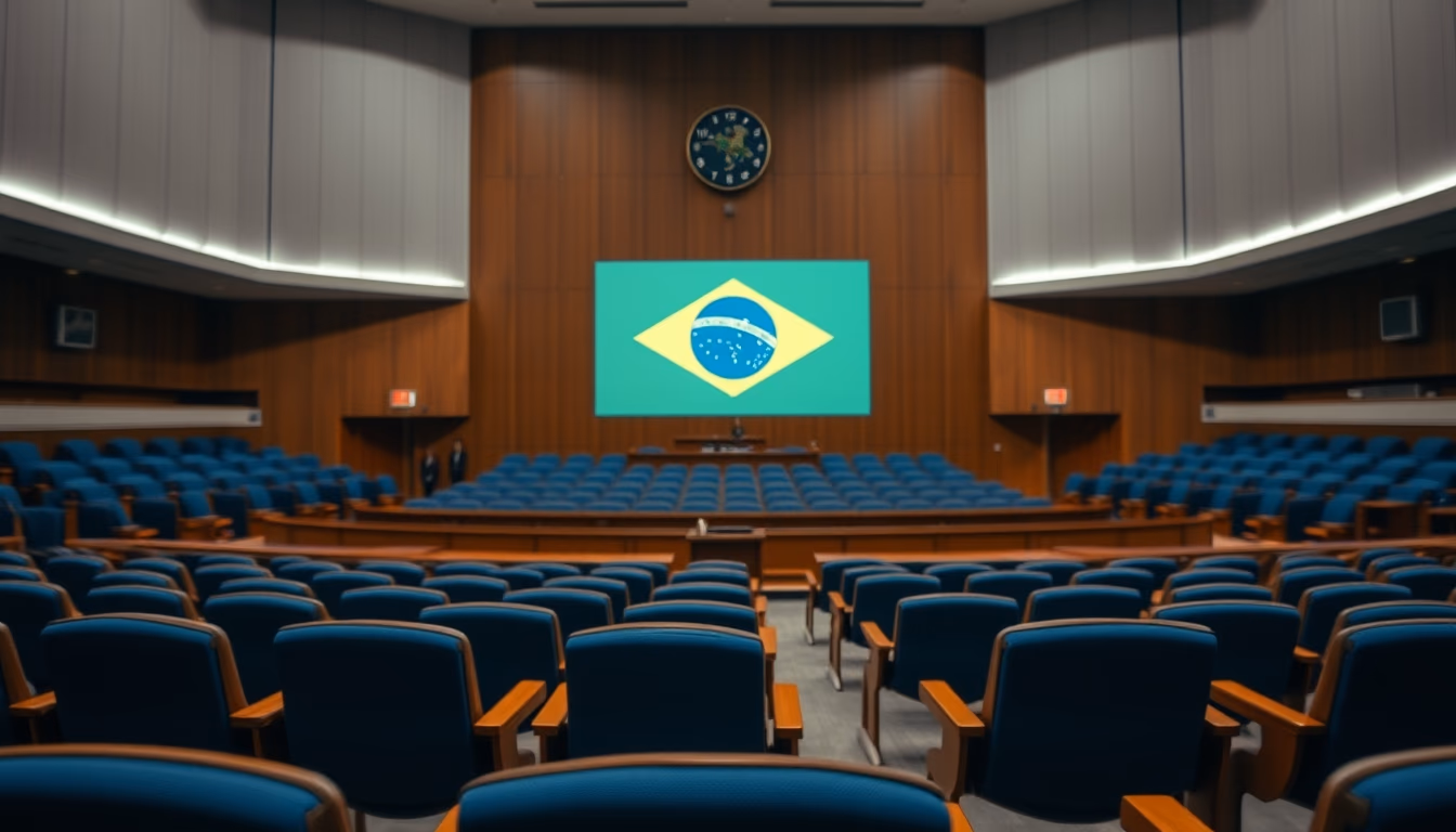 Senate plenary chamber with empty blue chairs and Brazilian flag projected in editorial style