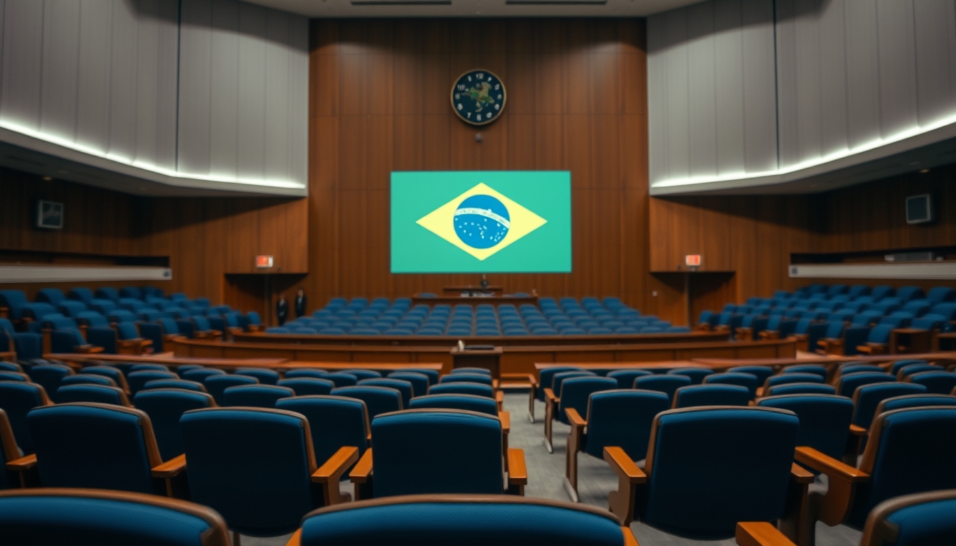 Senate plenary chamber with empty blue chairs and Brazilian flag projected in editorial style