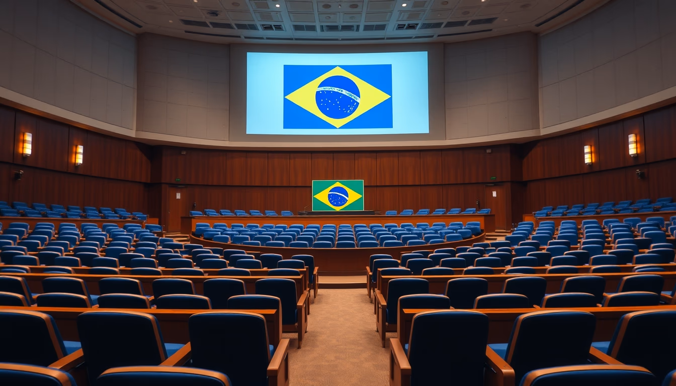 Senate plenary chamber with empty blue chairs and Brazilian flag projected in editorial style