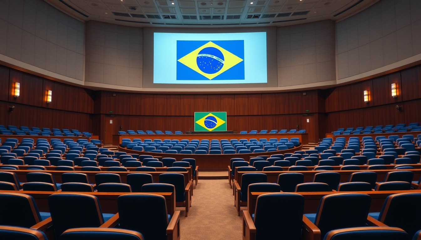 Senate plenary chamber with empty blue chairs and Brazilian flag projected in editorial style