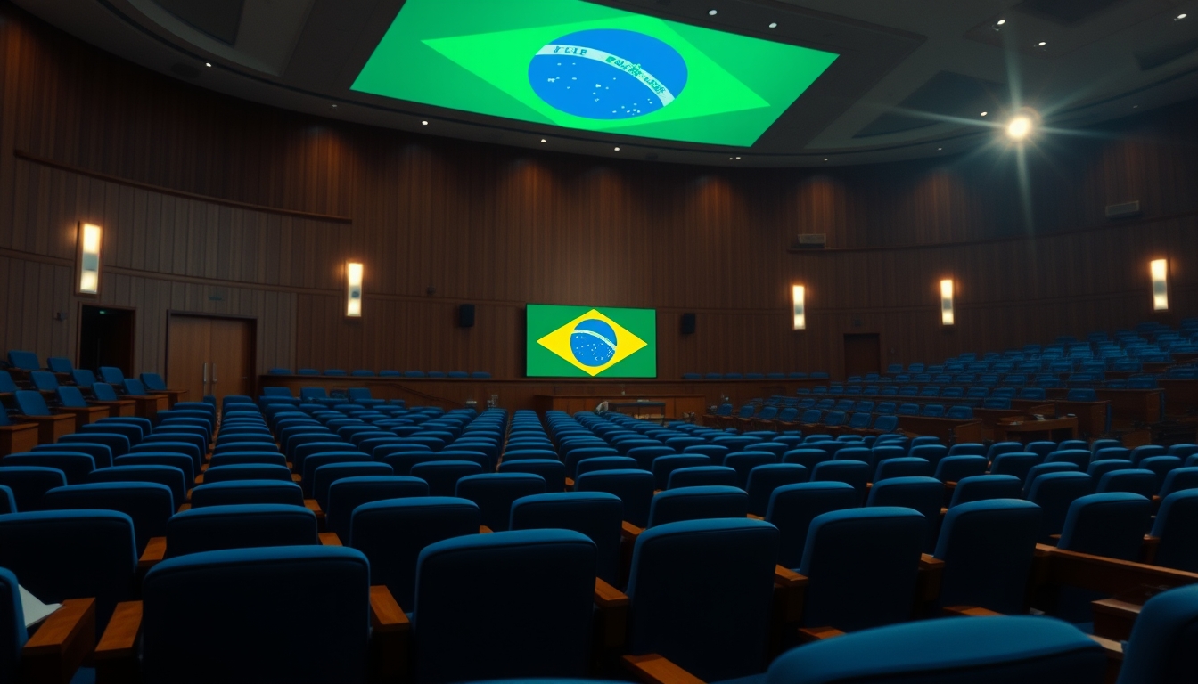Senate plenary chamber with empty blue chairs and Brazilian flag projected in editorial style
