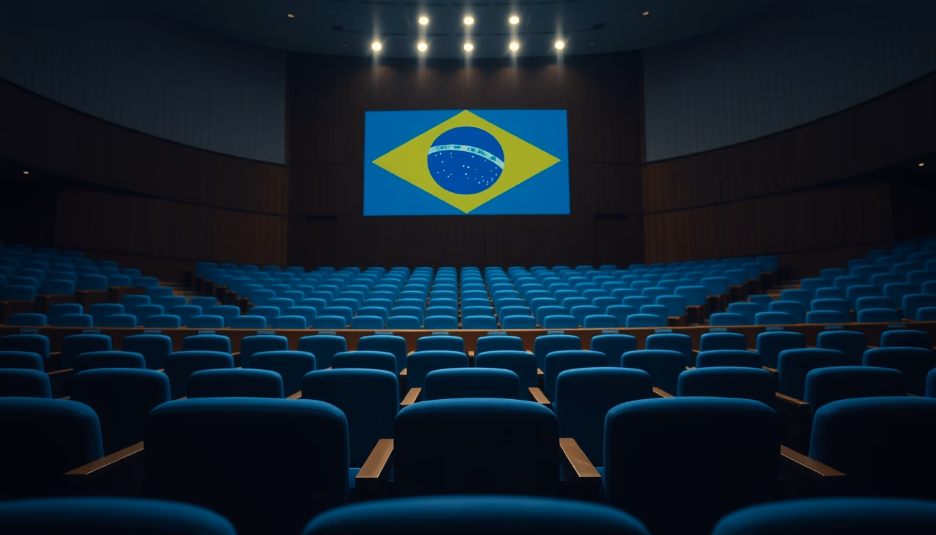 Senate plenary chamber with empty blue chairs and Brazilian flag projected in editorial style
