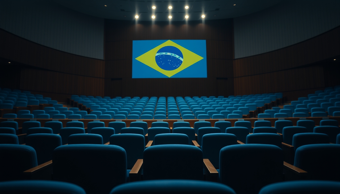 Senate plenary chamber with empty blue chairs and Brazilian flag projected in editorial style