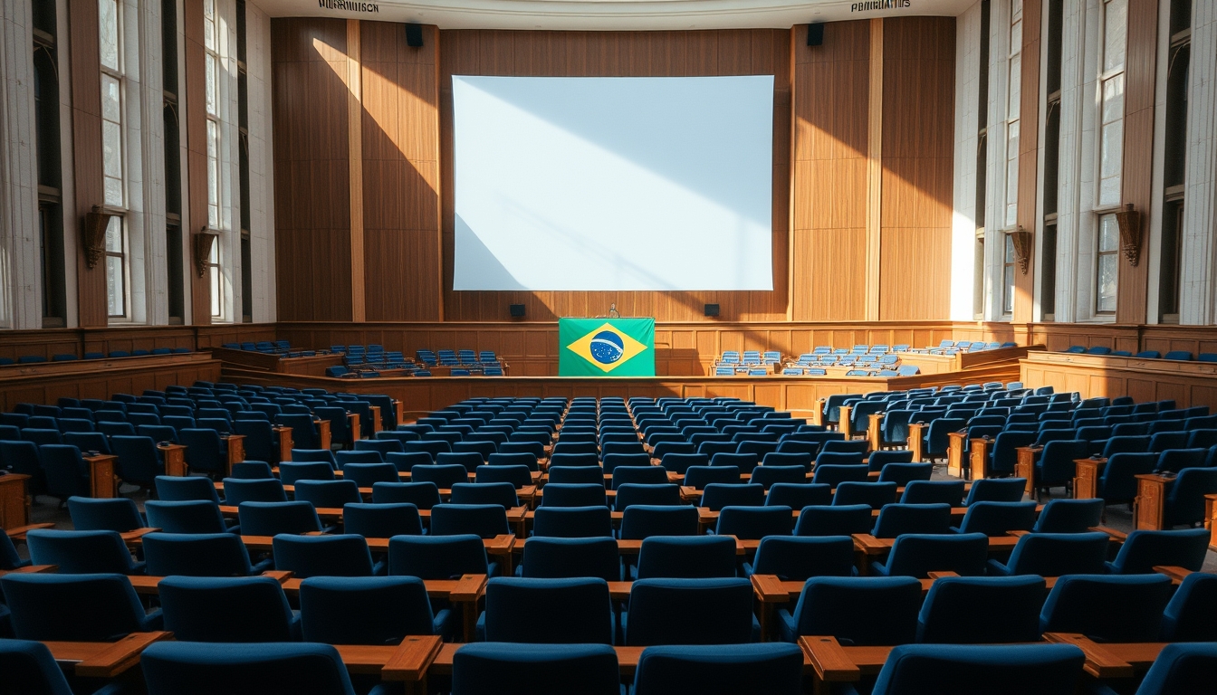Senate plenary chamber with empty blue chairs and Brazilian flag projected in editorial style