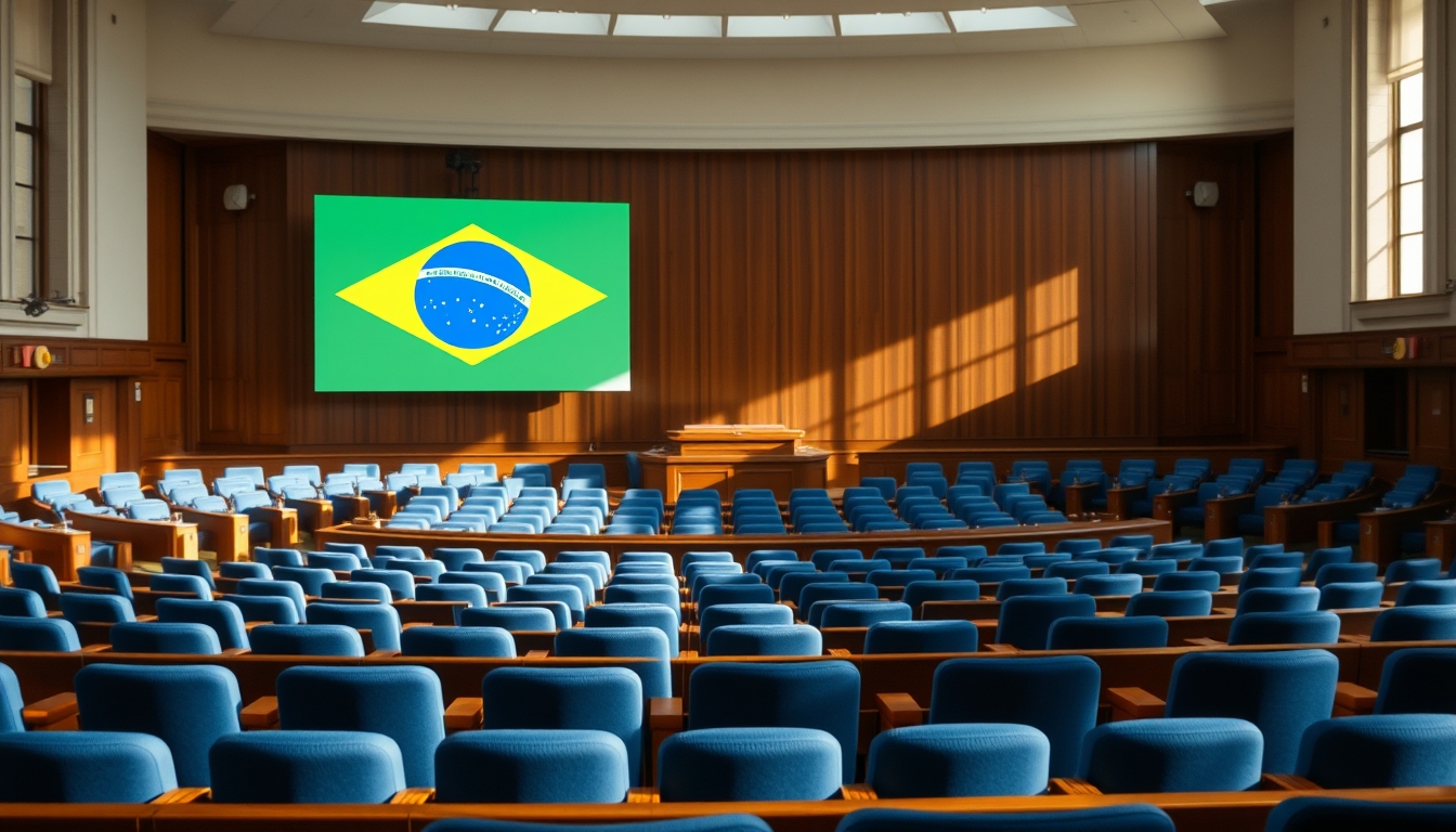 Senate plenary chamber with empty blue chairs and Brazilian flag projected in editorial style