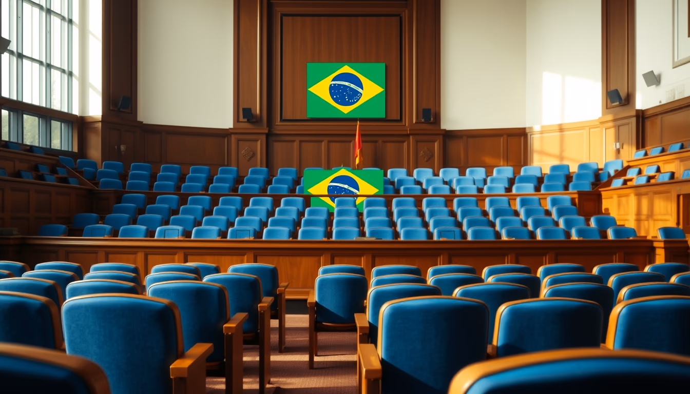 Senate plenary chamber with empty blue chairs and Brazilian flag projected in editorial style