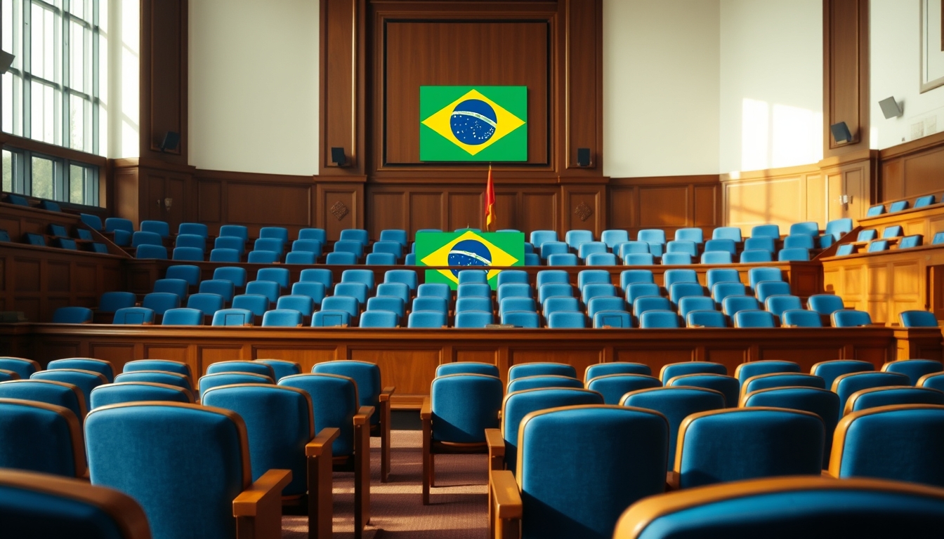 Senate plenary chamber with empty blue chairs and Brazilian flag projected in editorial style
