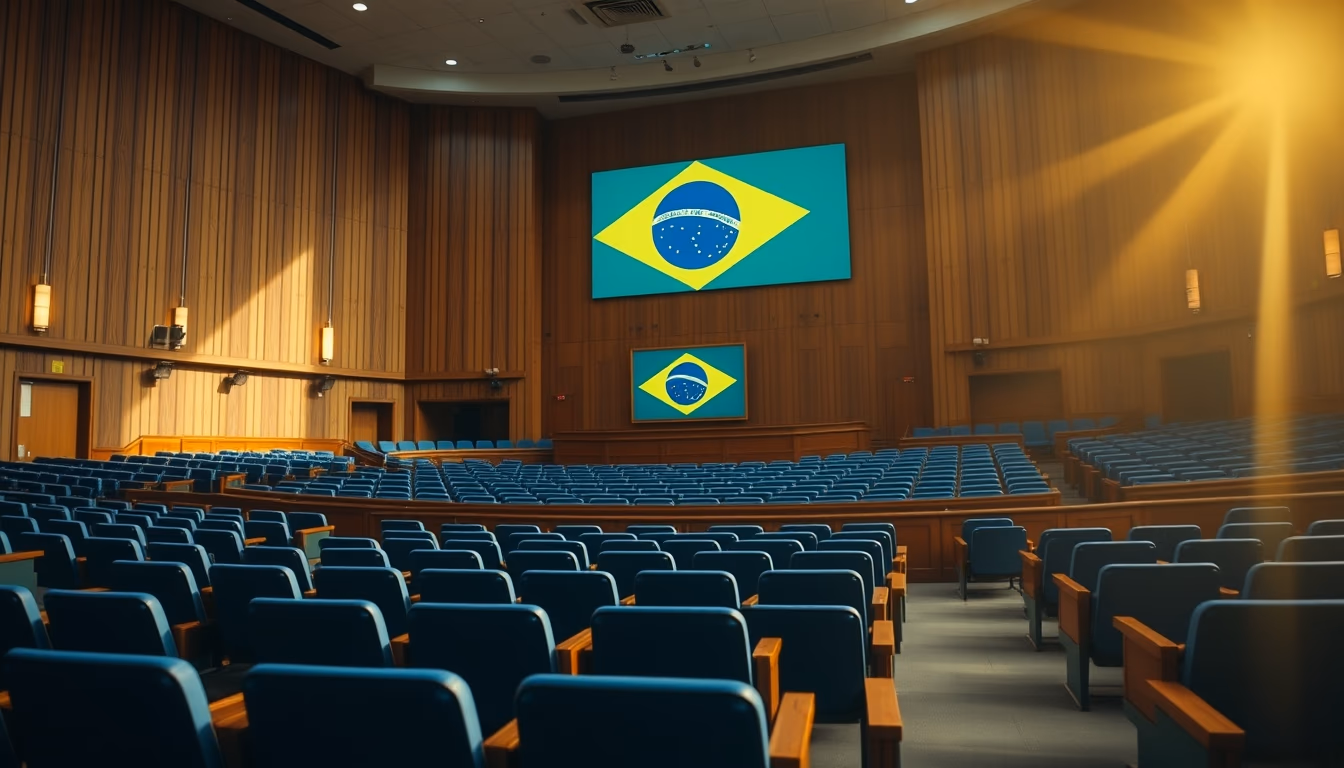 Senate plenary chamber with empty blue chairs and Brazilian flag projected in editorial style