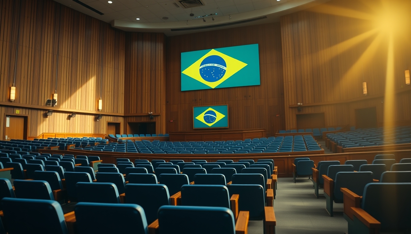 Senate plenary chamber with empty blue chairs and Brazilian flag projected in editorial style