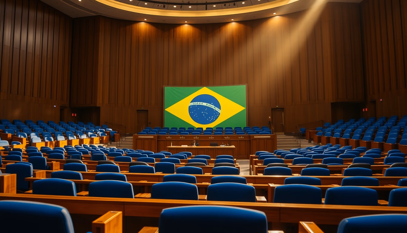 Senate plenary chamber with empty blue chairs and Brazilian flag projected in editorial style