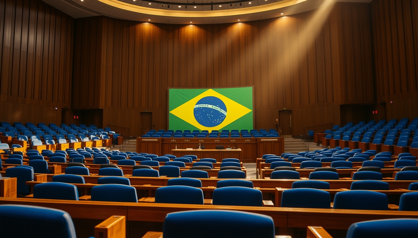 Senate plenary chamber with empty blue chairs and Brazilian flag projected in editorial style