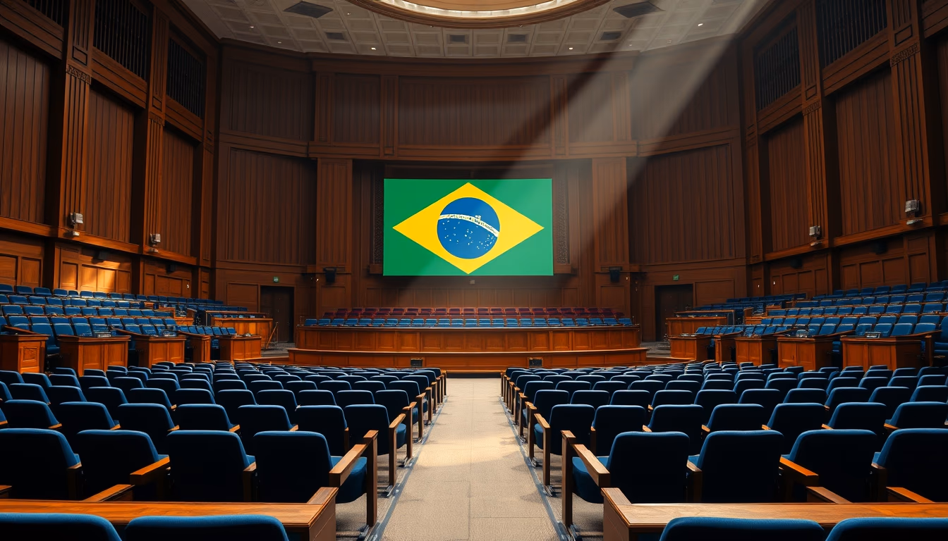 Senate plenary chamber with empty blue chairs and Brazilian flag projected in editorial style