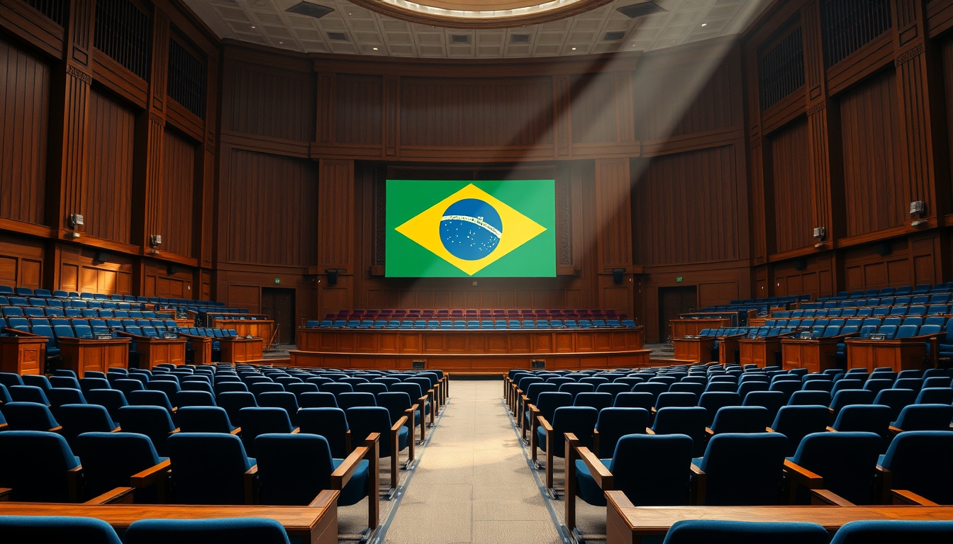 Senate plenary chamber with empty blue chairs and Brazilian flag projected in editorial style