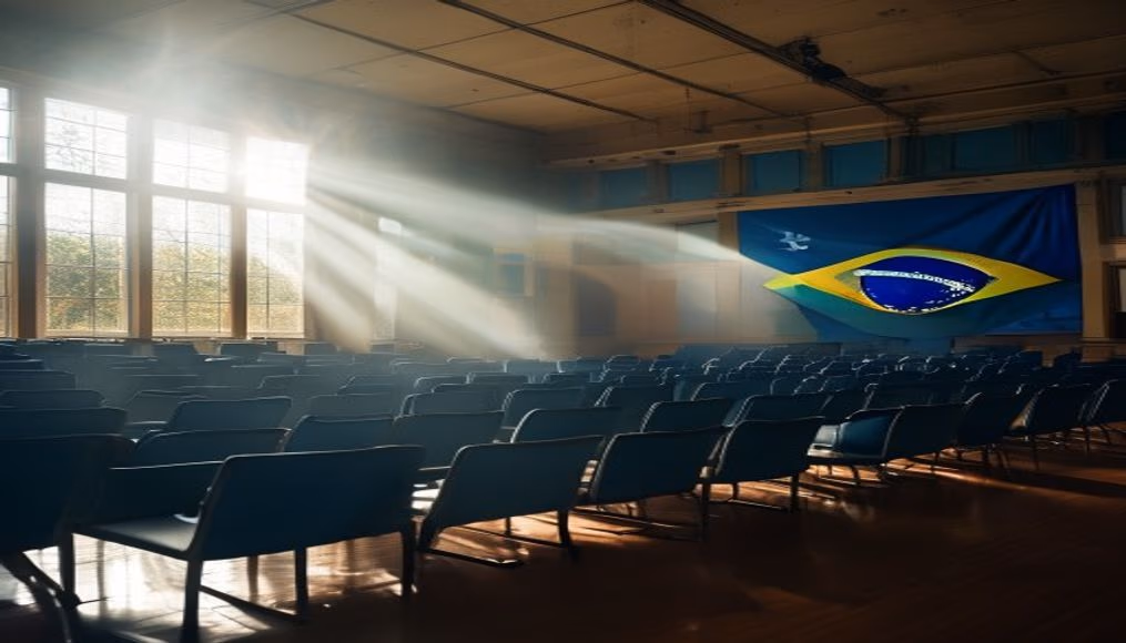 Senate plenary chamber with empty blue chairs and Brazilian flag projected in editorial style