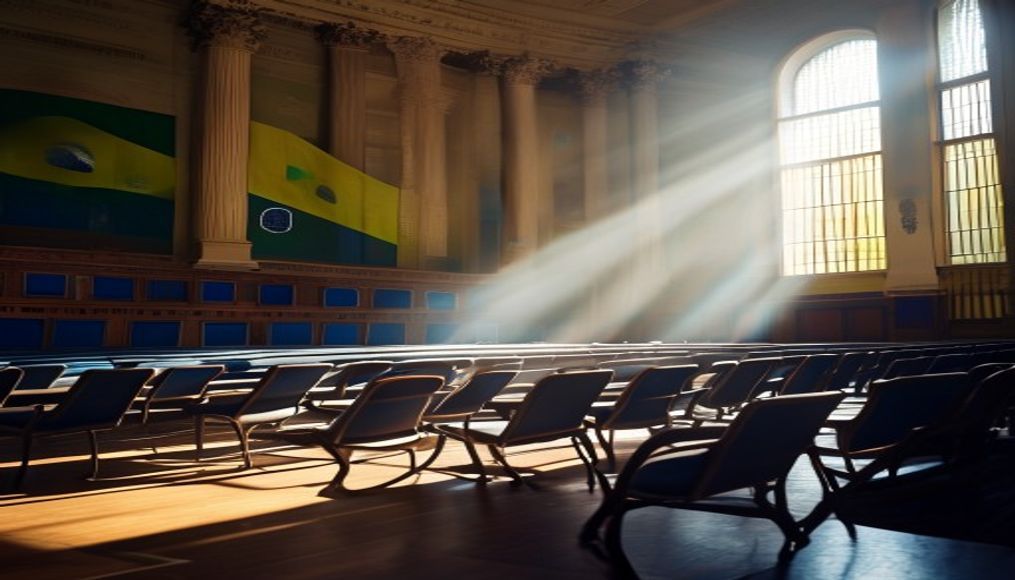 Senate plenary chamber with empty blue chairs and Brazilian flag projected in editorial style