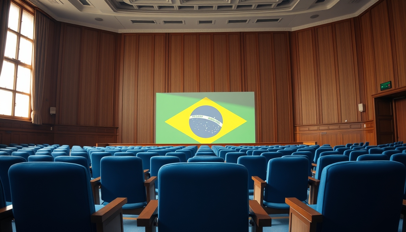 Senate plenary chamber with empty blue chairs and Brazilian flag projected in editorial style