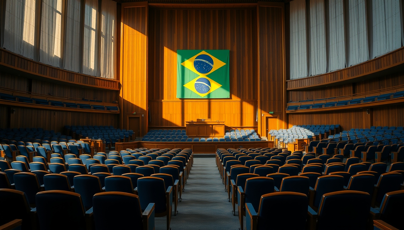 Senate plenary chamber with empty blue chairs and Brazilian flag projected in editorial style