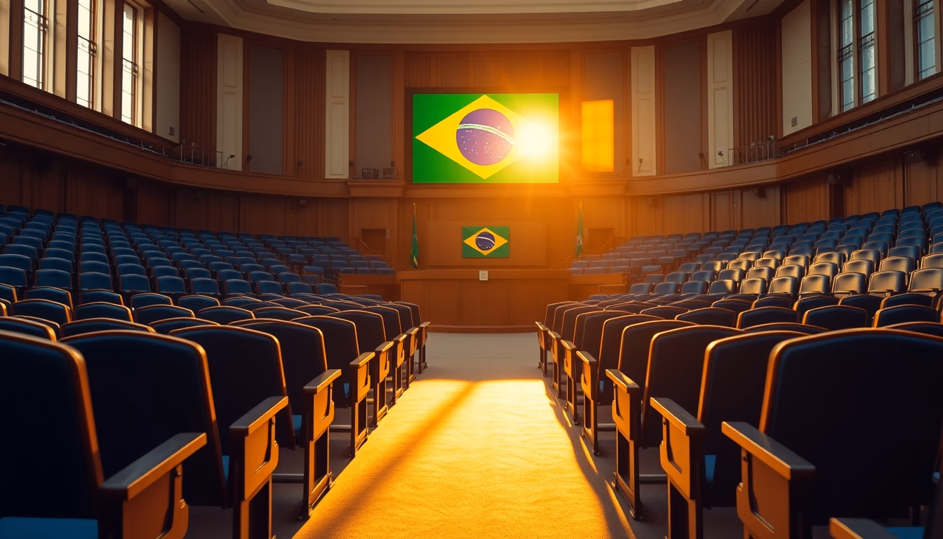 Senate plenary chamber with empty blue chairs and Brazilian flag projected in editorial style