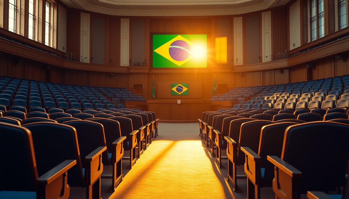 Senate plenary chamber with empty blue chairs and Brazilian flag projected in editorial style