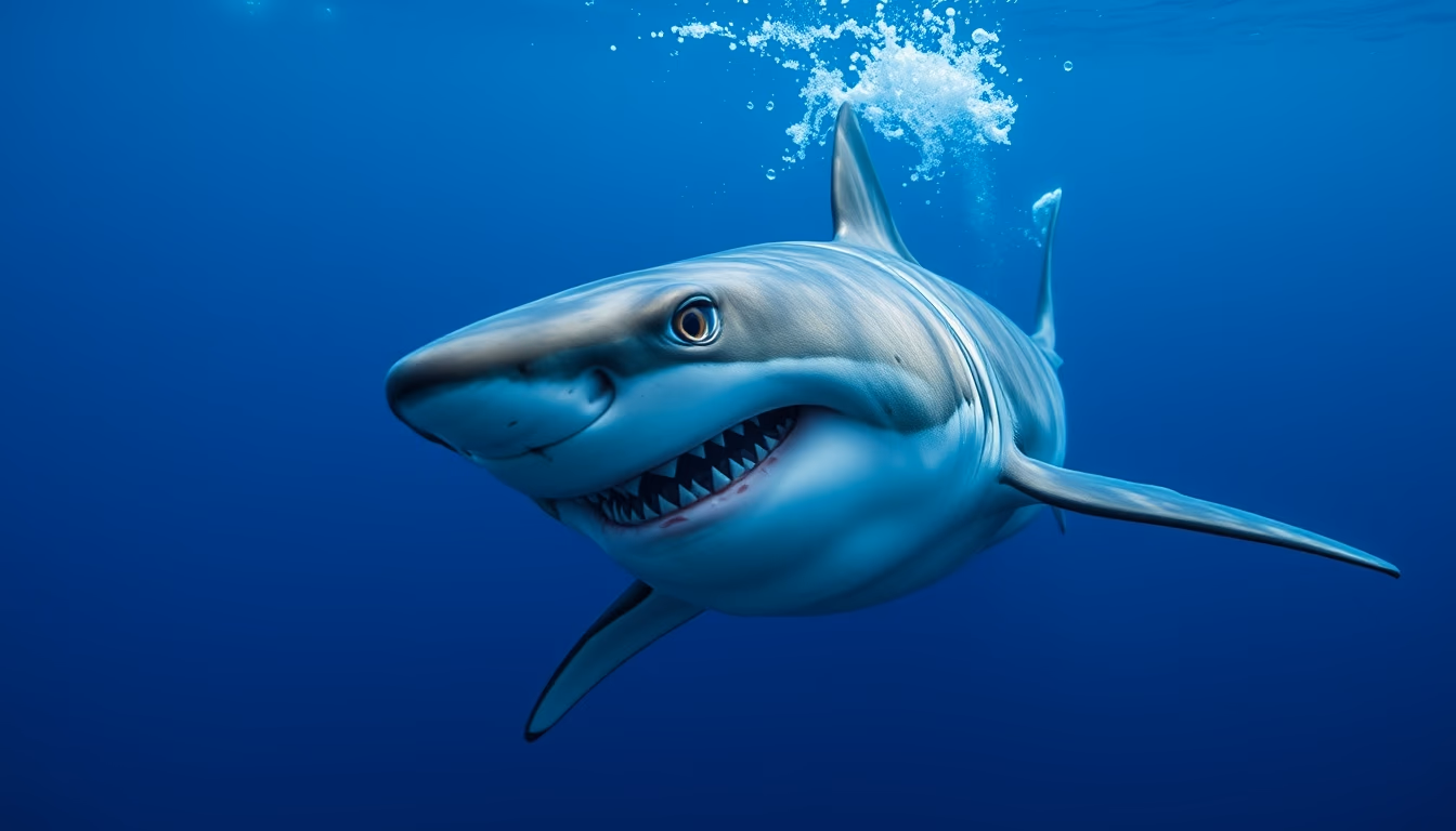 shark underwater menacing in editorial style