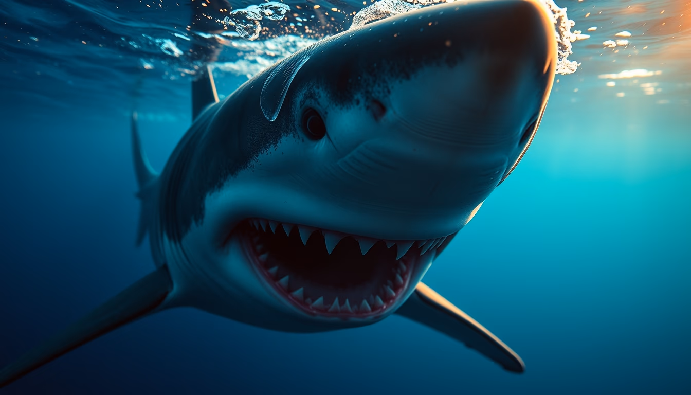 shark underwater menacing in editorial style